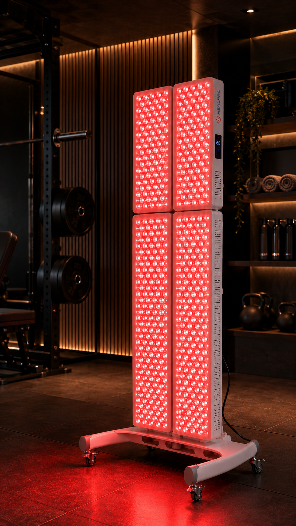 Four-panel HealPRO Fusion red light system on a wheeled stand in a home gym.